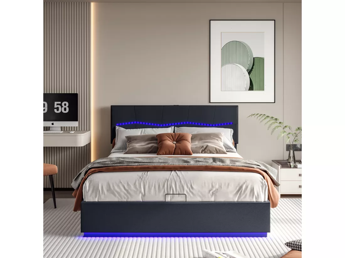 Lit coffre 140 x 200 cm avec éclairage LED et charge USB - hydraulique - Lit 2 Personnes - PU - Noir