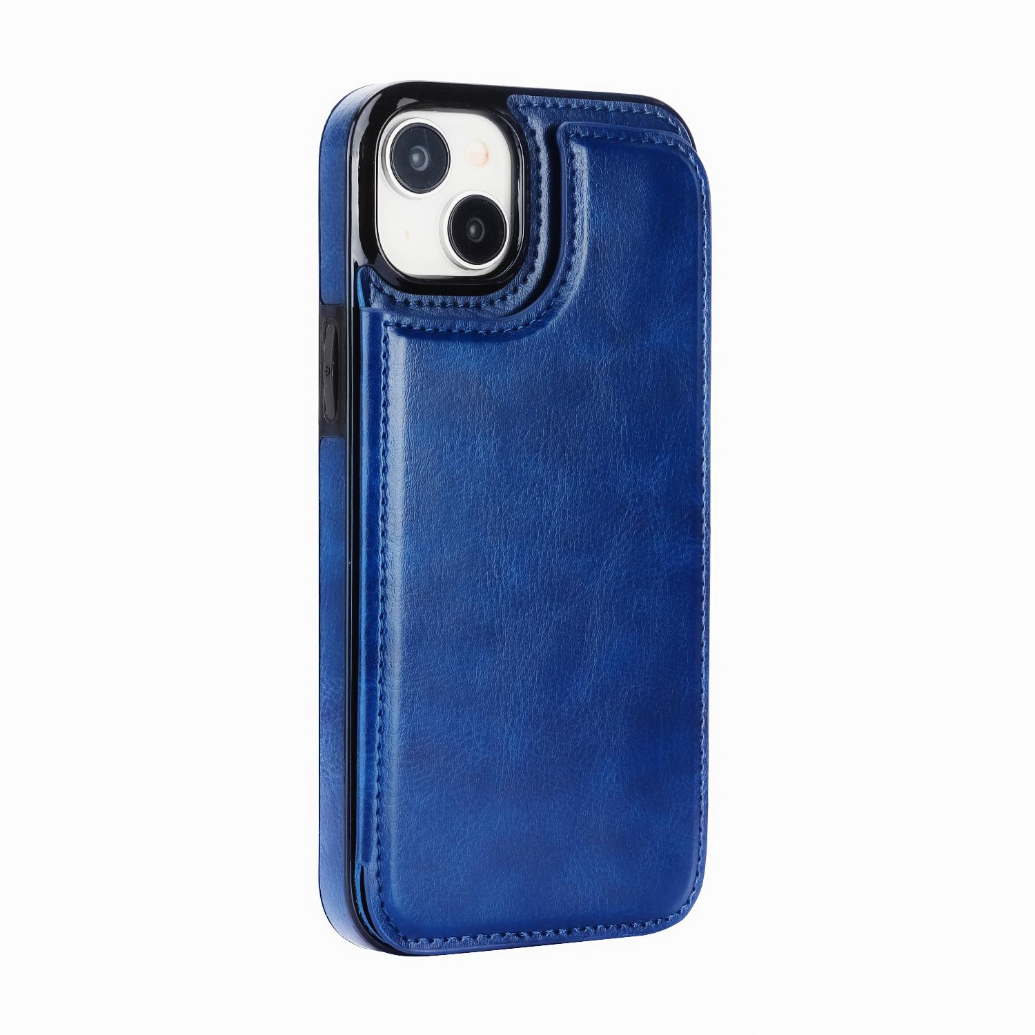 iPhone 15 Hybrid Leder Hülle mit Kartenfach   Kickstand Aufsteller - Blau