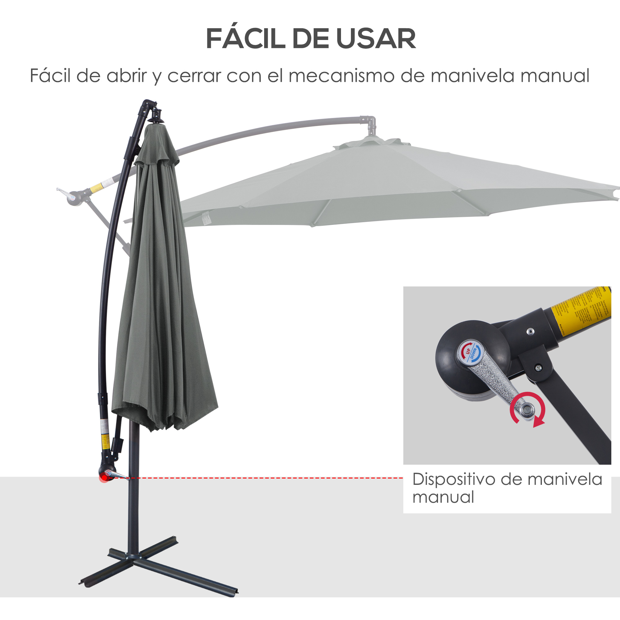 Guarda-sol de jardim Outsunny Ø300x250 cm, inclinável, com manivela, base em cruz e suporte de aço, proteção solar para terraços externos, cinza.