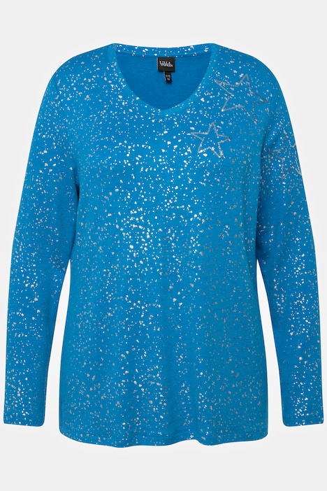 Weihnachts-Sweatshirt, Sterne, V-Ausschnitt, Langarm