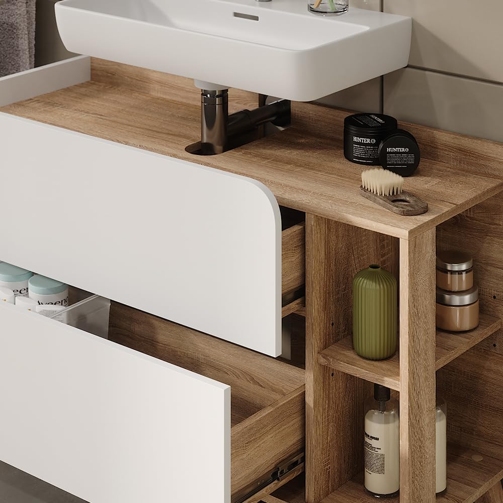 Vicco Waschbeckenunterschrank Sonoma/Weiß Karen 100x65x35 cm - Unterschrank für das Badezimmer, Übersichtliche Aufbewahrung durch großzügige Schublade