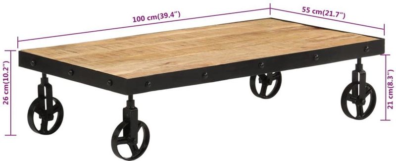 Salontafel - Massief Mangohout - Natuurlijke Afwerking - Met Wielen