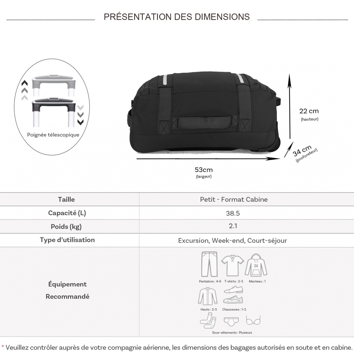 David Jones Sac de voyage cabine à roulettes 38.5L David Jones taille S 53cm