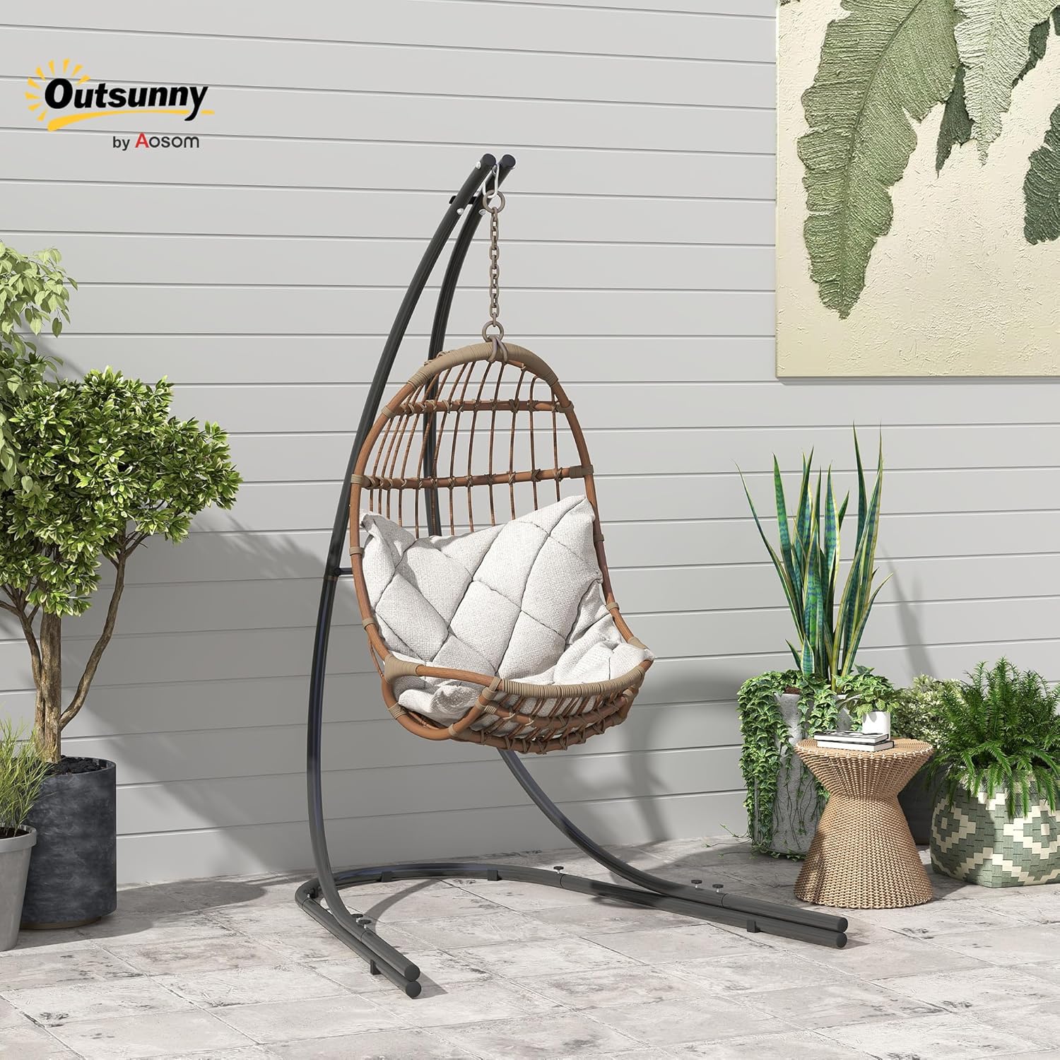 Outsunny Gestell für Hängesessel in C-Form Metall Ständer mit Sockel für Hängesitz Hängestuhl, Hängeschaukel Hängemattengestell bis 150kg, Hängestuhlgestell für Indoor Outdoor Balkon, Terrasse Schwarz