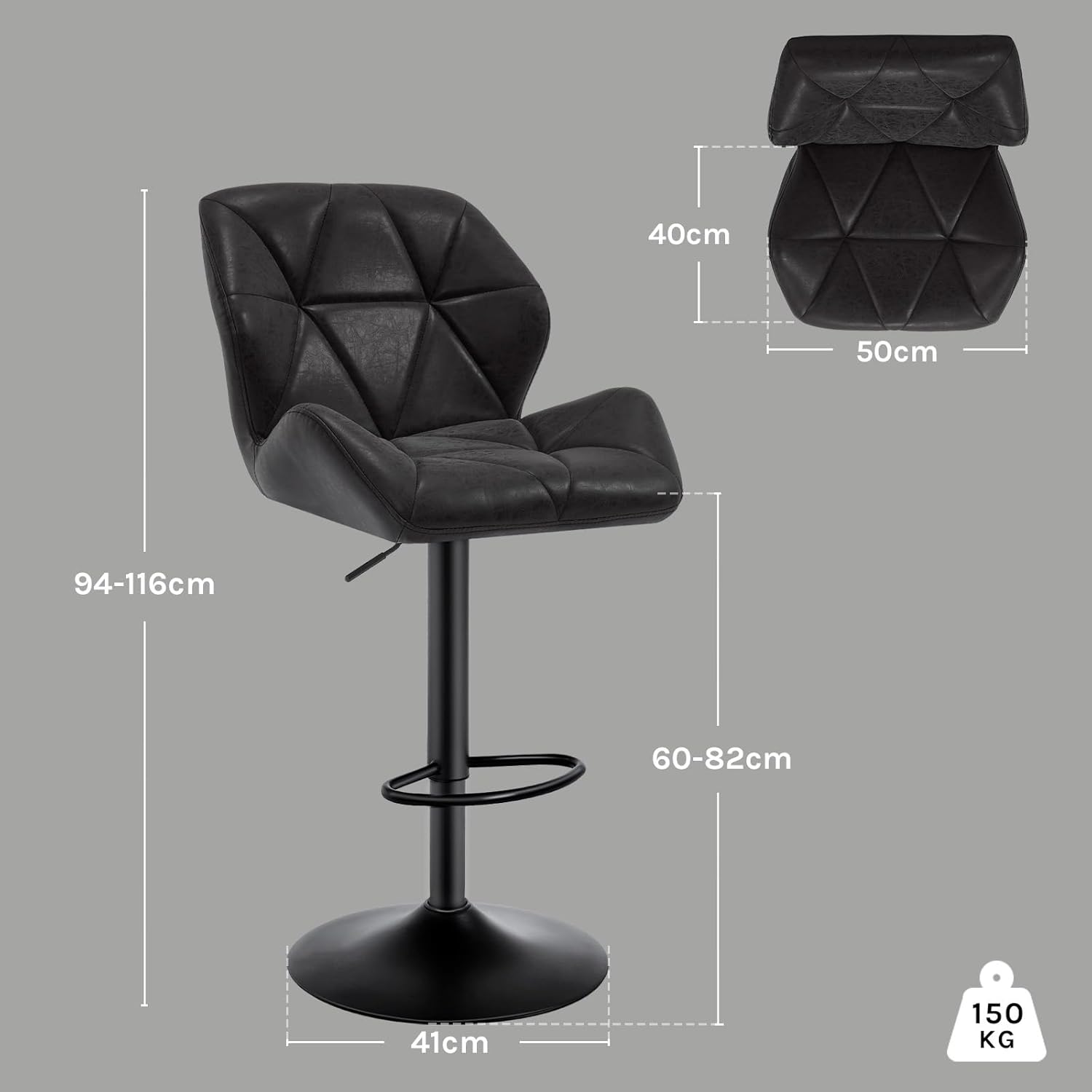 WOLTU Barhocker 2er Set Barstuhl Tresenhocker Bistrohocker Designer Hocker mit Rückenlehne, höhenverstellbar, drehbar, Kunstleder Stahl, Schwarz