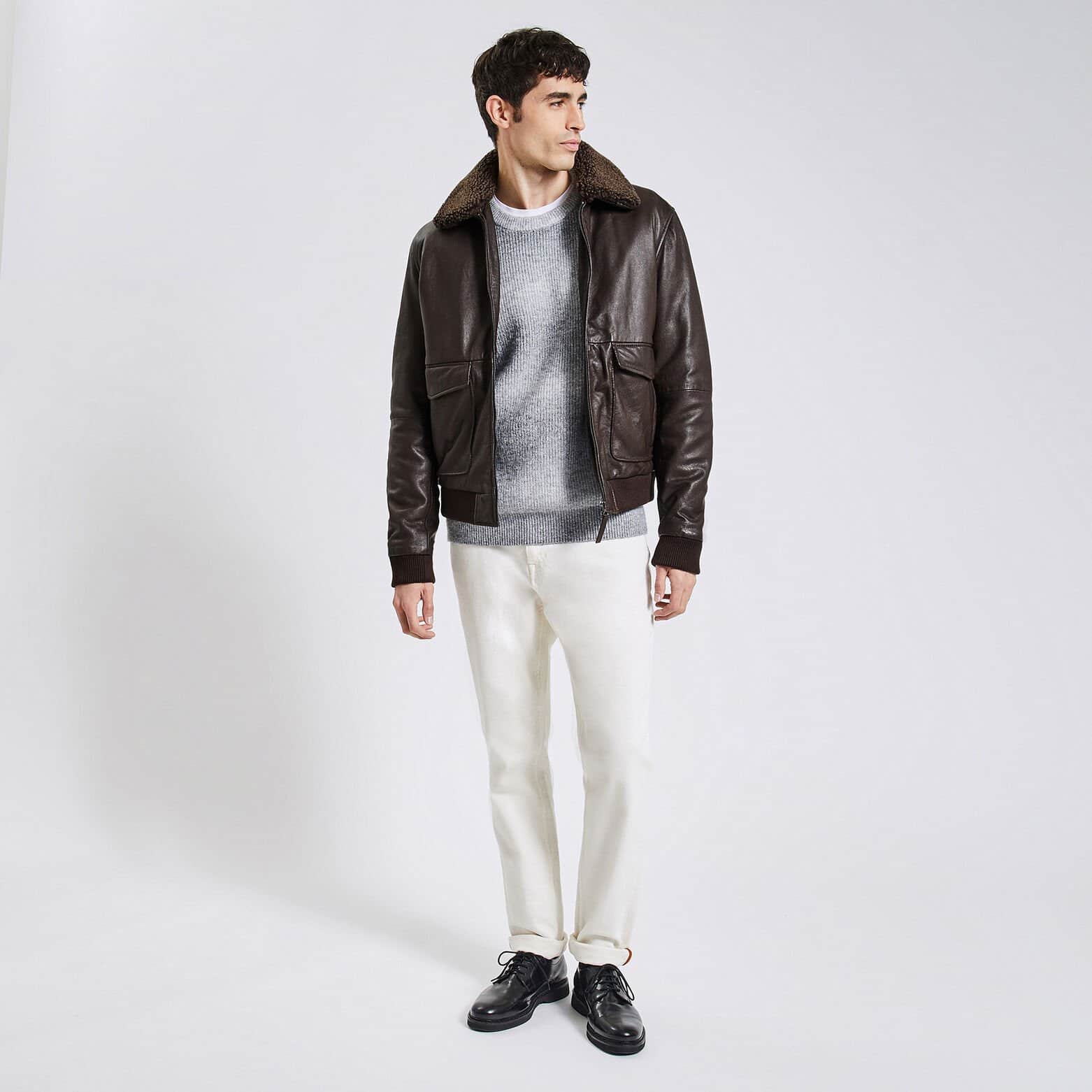 Blouson en cuir col moutonné amovible Marron