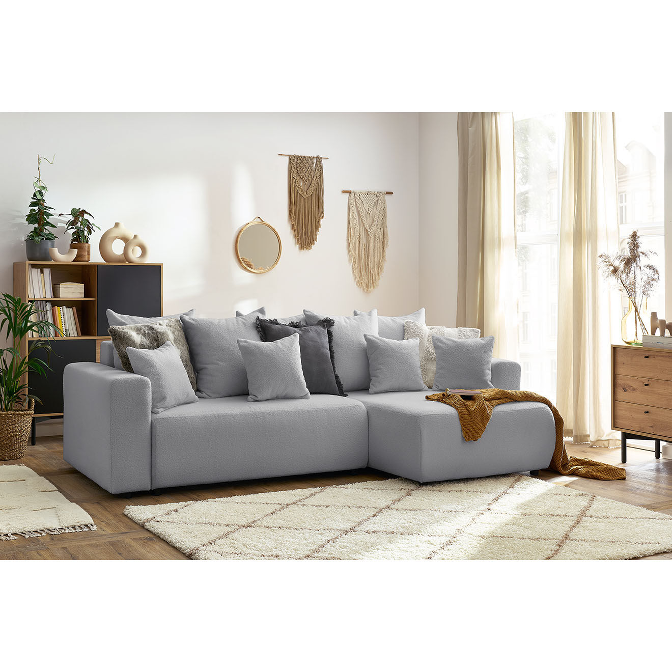 Bobochic Canapé d'angle convertible reversible bouclette Envy gris clair - 282x153x95 cm