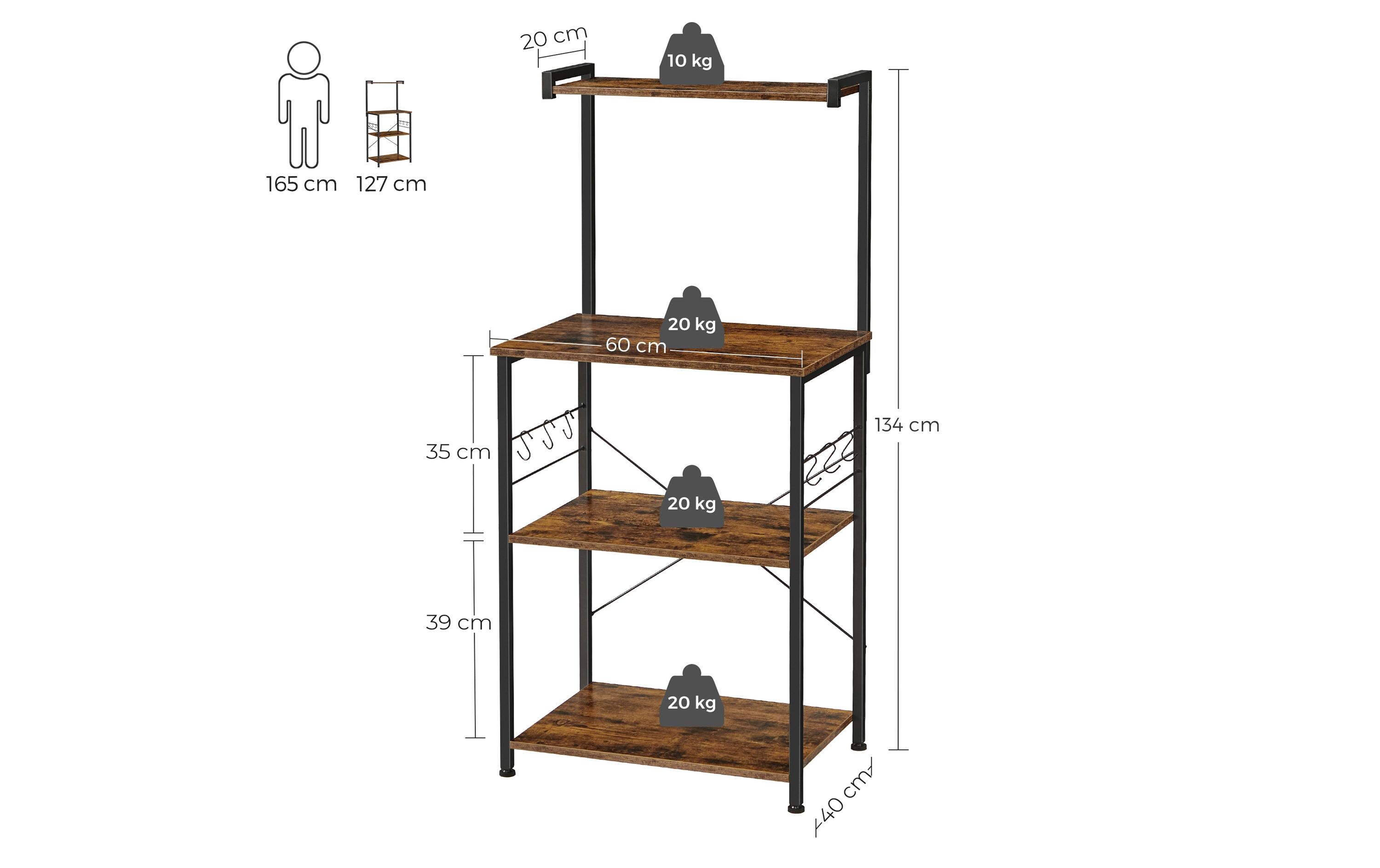 Küchenregal mit 6 Haken 127 x 60 cm, Braun/SchwarzStandregal