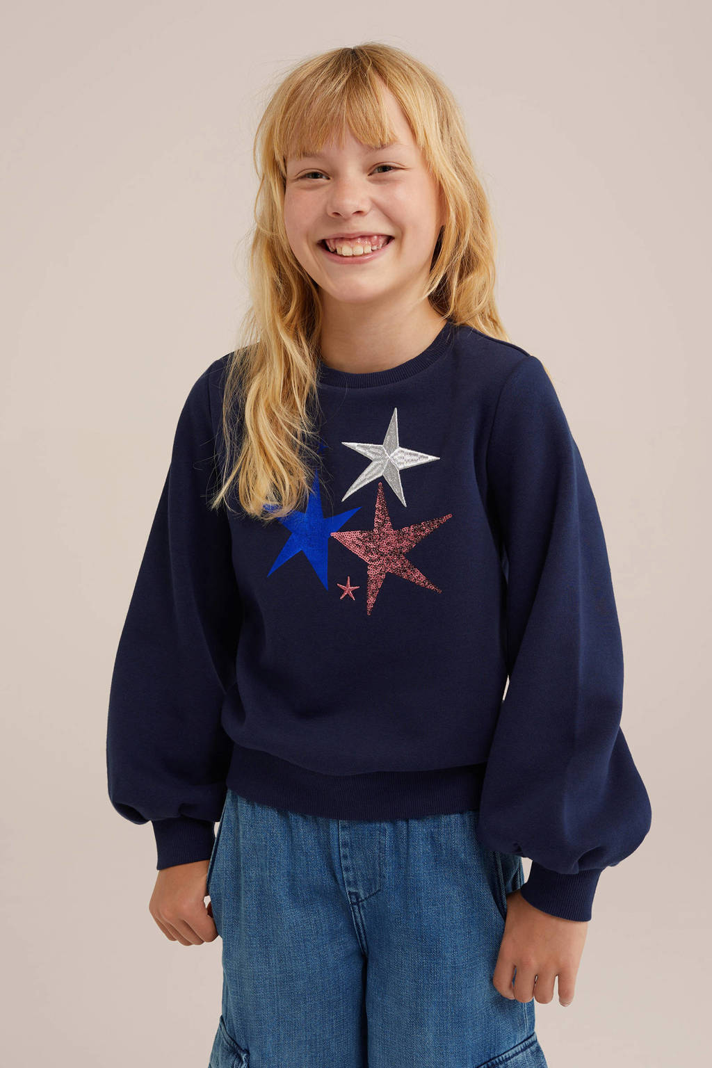 WE Fashion sweater met printopdruk en pailletten donkerblauw