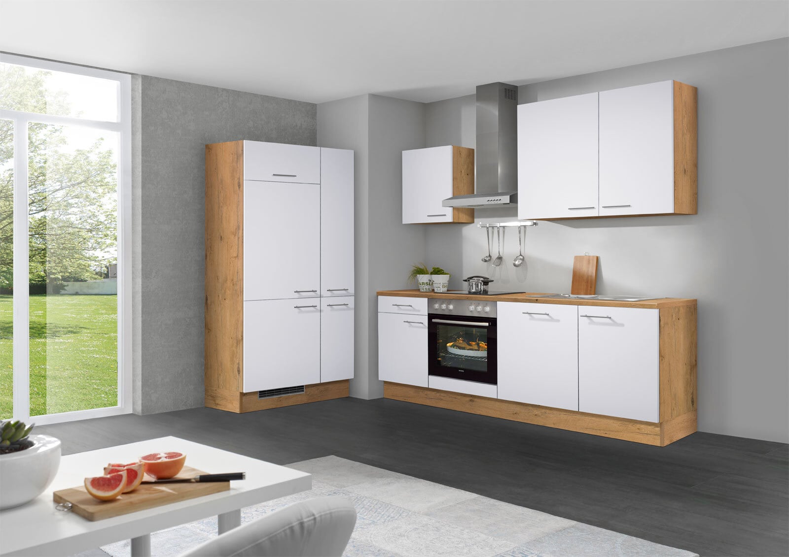Küchenzeile Cappuccino/Absetzung Grafit NB 305cm