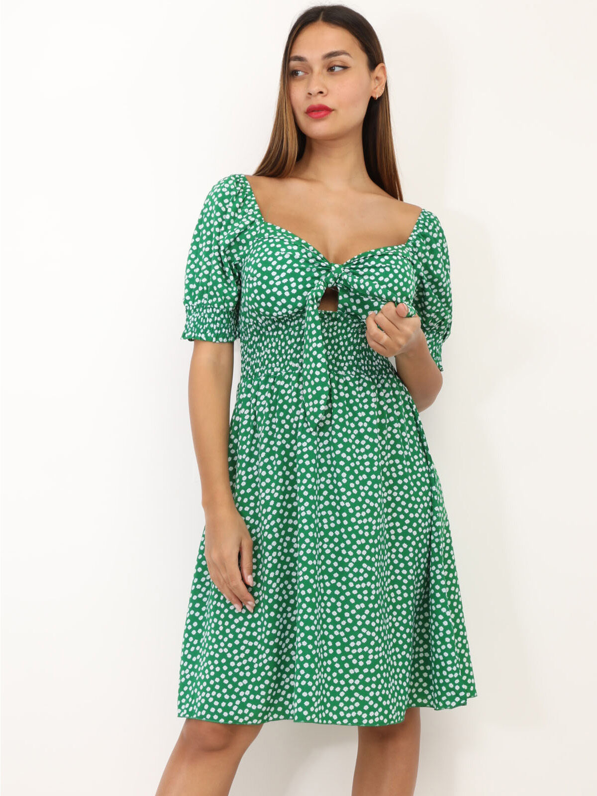 Robe fleurie à manches ballon- Vert