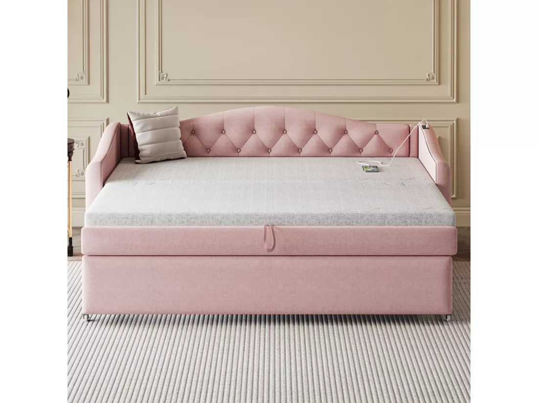 Lit gigogne 90 x 200 cm avec prises USB, canapé-lit - Tissu en lin - Sommier à lattes - Rose (sans matelas)