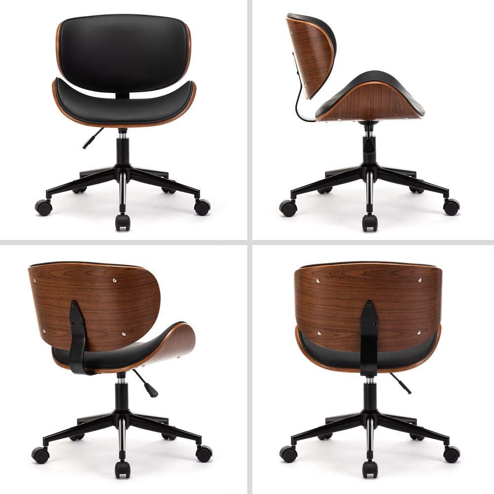 Mingone Bürostuhl Holz Computerstuhl Schreibtischstühle Leder Drehstuhl 360° Höhenverstellbar Design Home Office Chair mit Rückenlehne，Schwarz bis 130kg