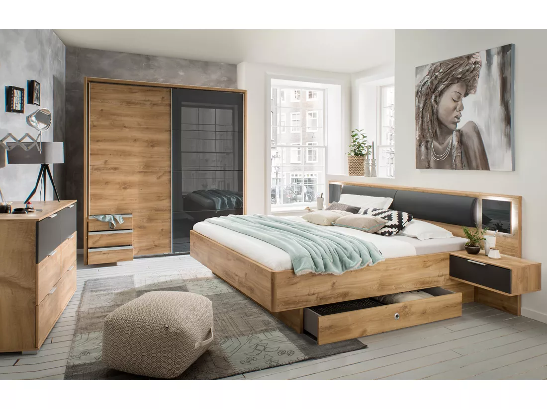 Chambre à coucher complète adulte (lit 160x200 cm + 2 chevets + 1 tiroir + armoire + commode)
