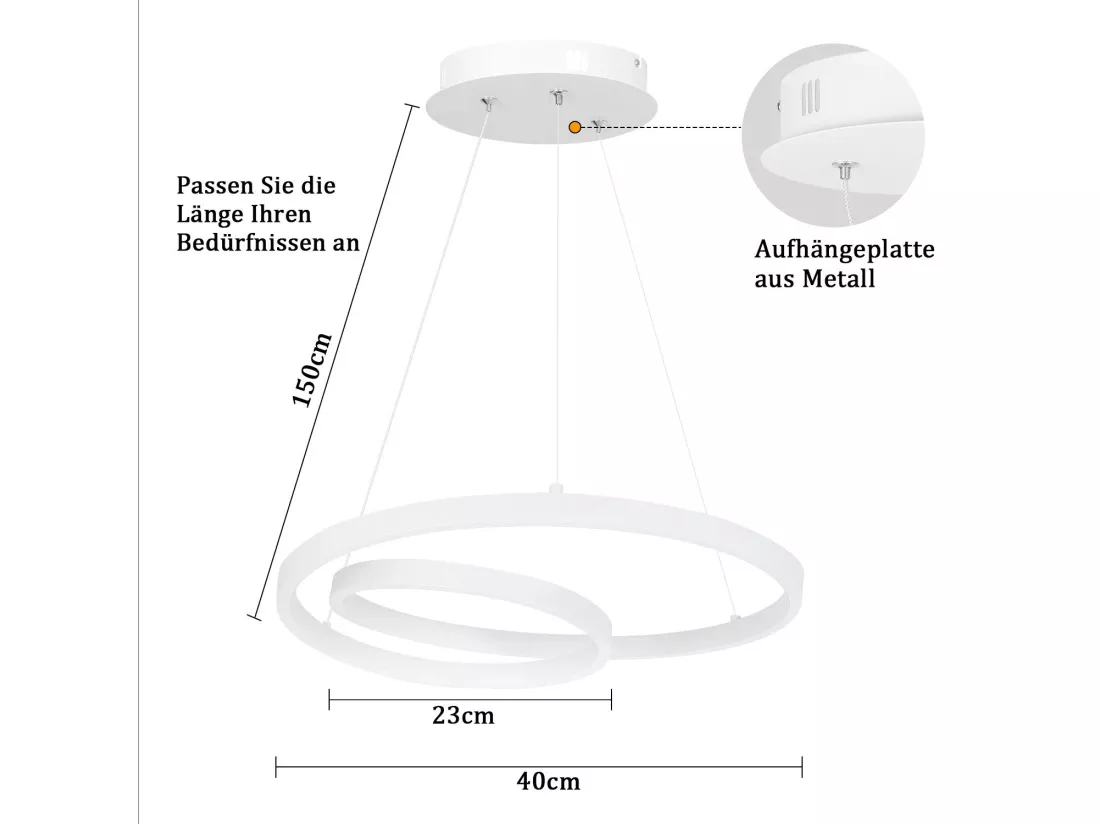 NETTLIFE Suspension LED Moderne Fer 34W Blanc Diam.40cm Dimmable Un design créatif pour Salon Chambre Cuisine Salle à manger
