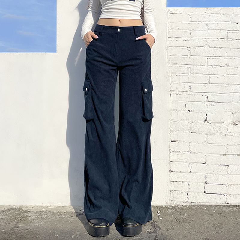 BrickBlack - Hoge taille corduroy cargobroek met wijde pijpen