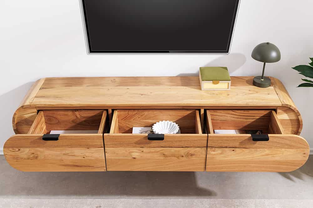Hängendes TV-Board ORGANIC 160cm natur Akazienholz massiv handmade mit Schubladen