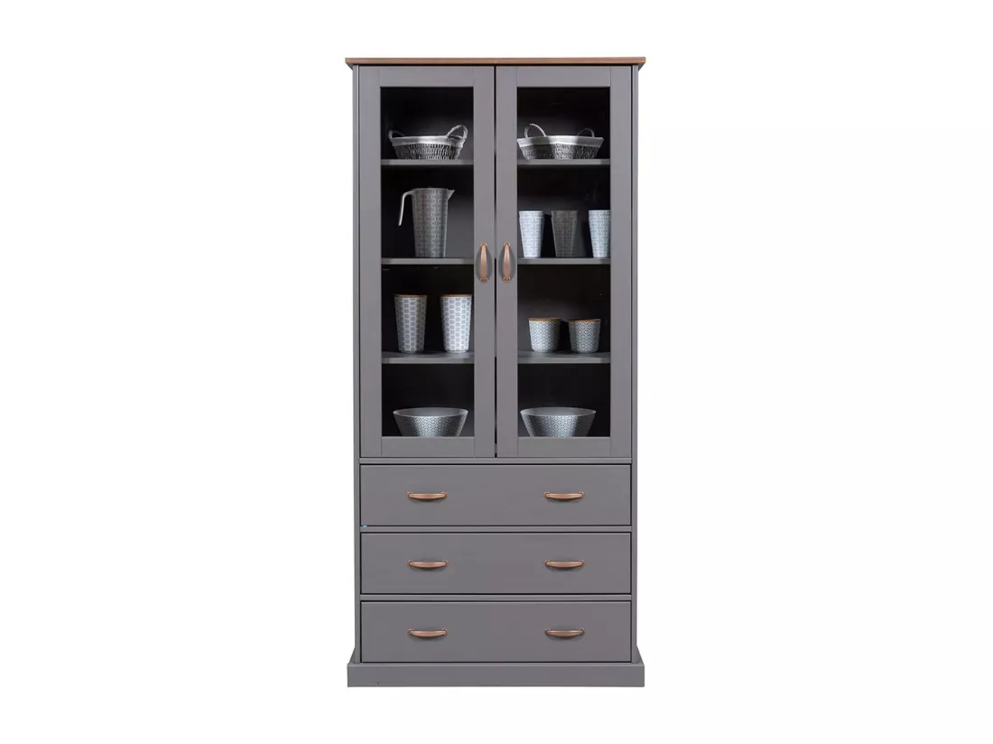 MELINA - Vitrine 2 Portes 3 Tiroirs en MDF Laqué Gris Foncé