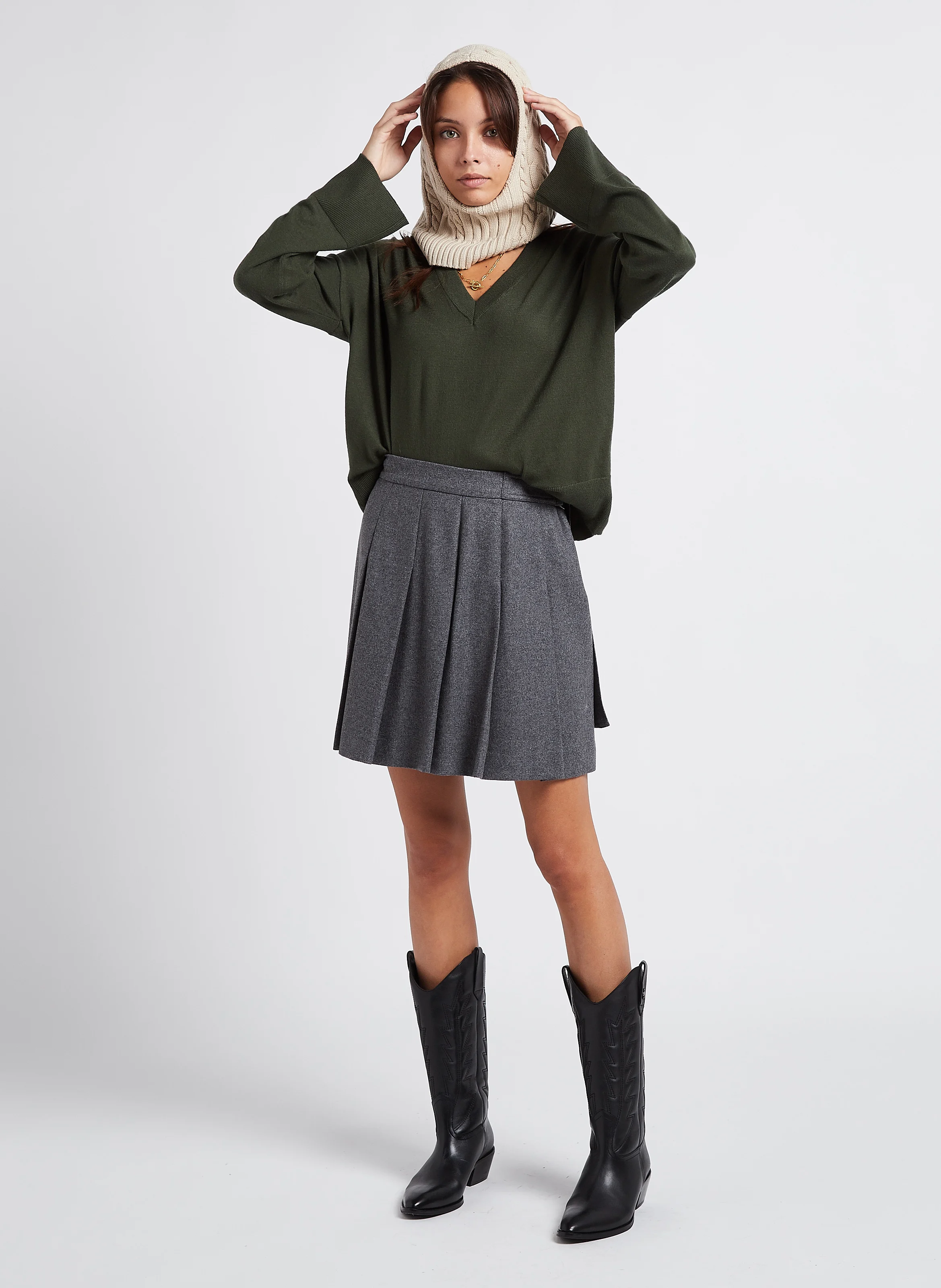 RACHELLE - Pull col V en maille mélangée | Vert