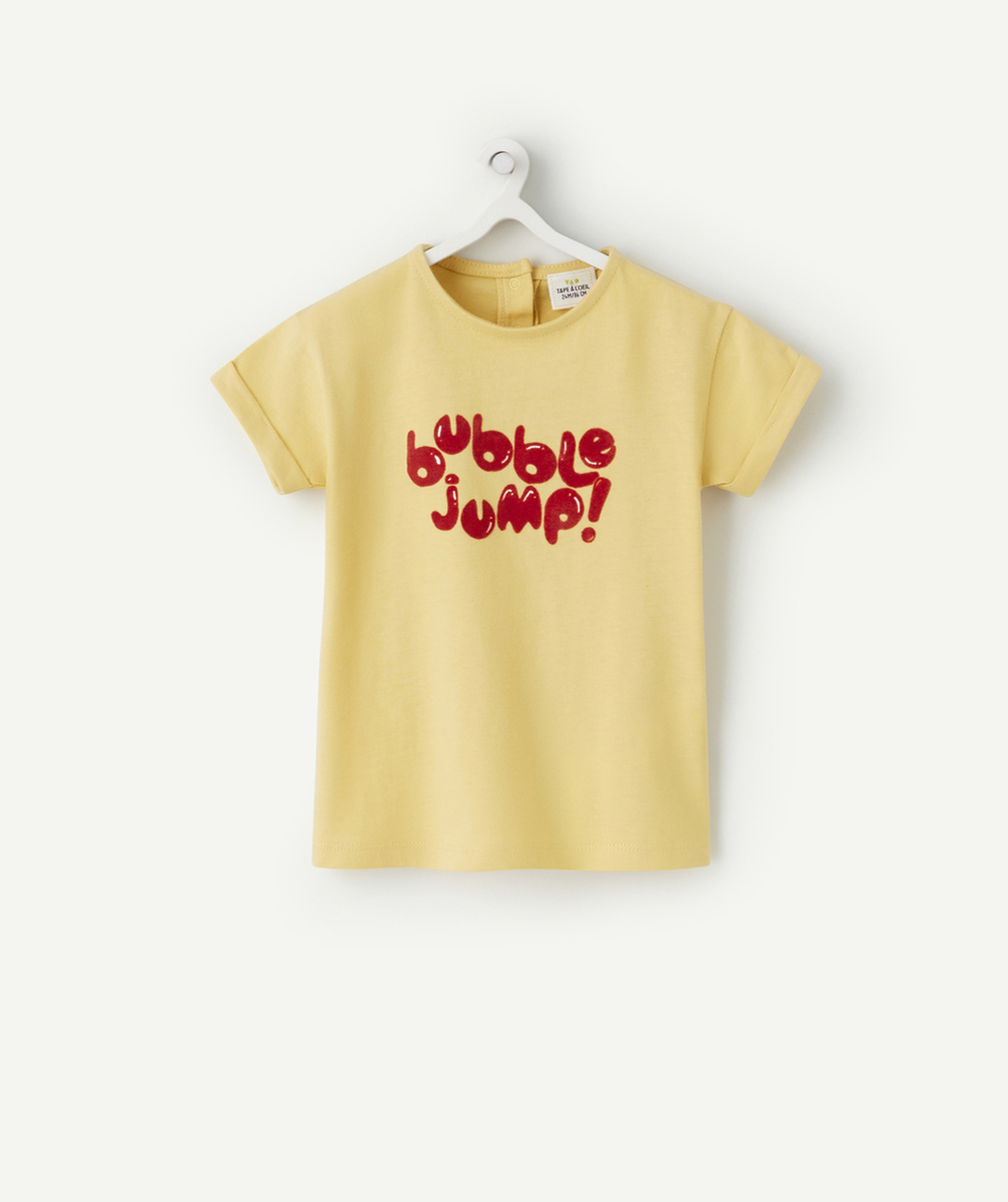 T-SHIRT BÉBÉ FILLE EN COTON BIO JAUNE AVEC MESSAGE EN FEUTRINE
