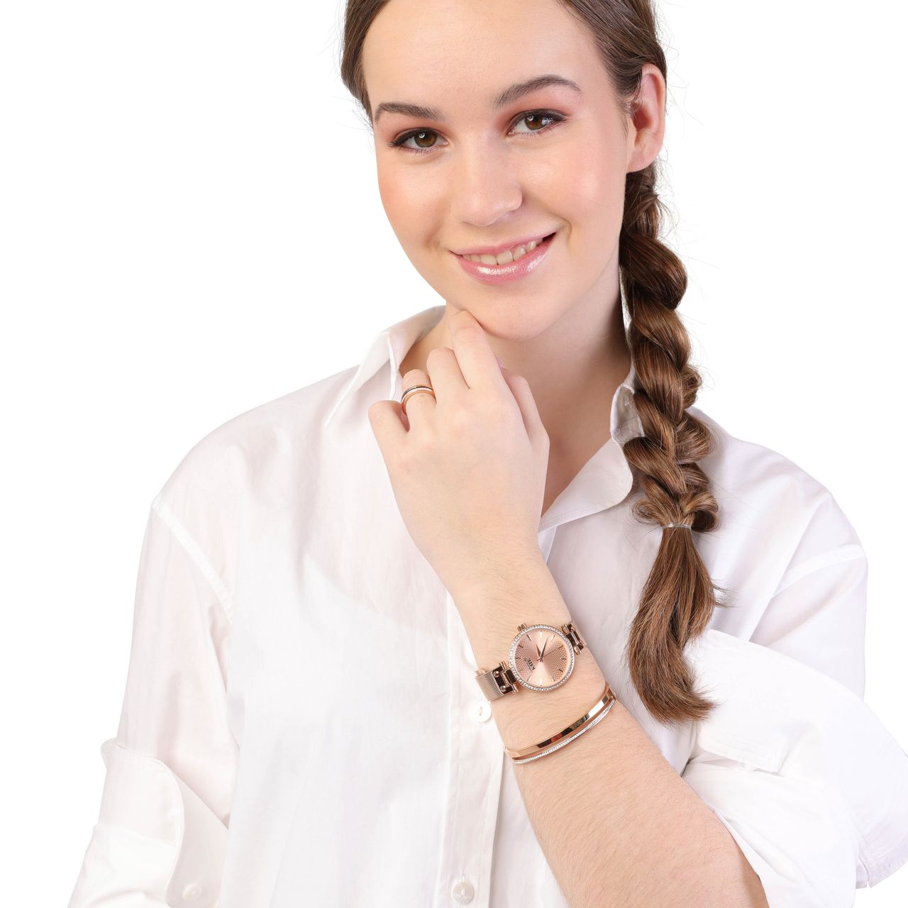 Stalen ring roseplated 2rij met kristal