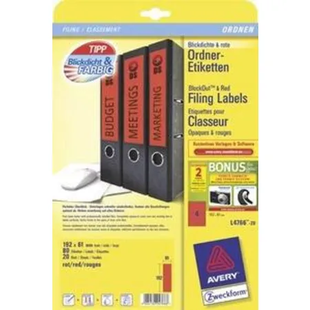 Avery Zweckform L4766-20 Ordnerrücken Etiketten A4, mit ultragrip, 61 x 192 mm, breit/kurz, 20 Bogen/80 Etiketten, rot