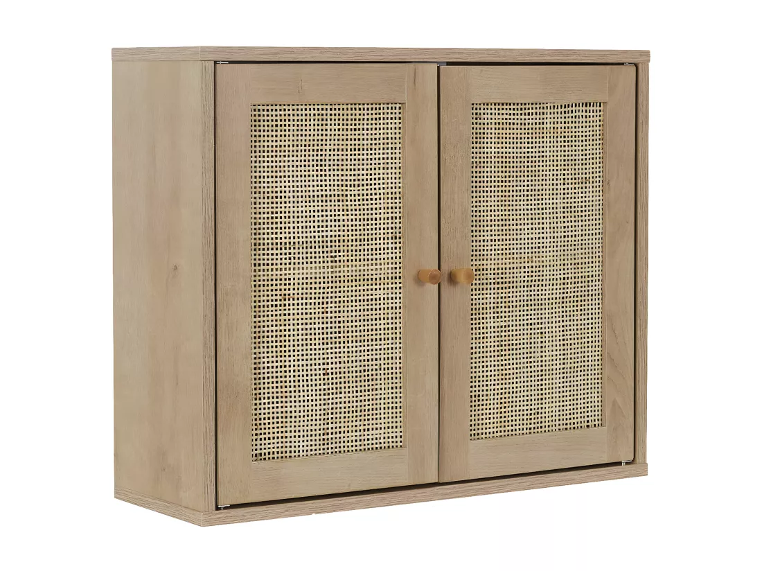 MAYA - Armoire Murale 2 Portes Effet Bois et Façades Rotin