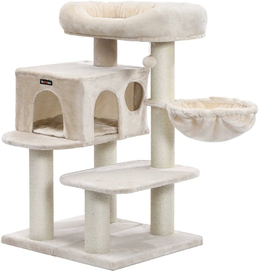 Arbre à chat avec plate forme d'observation hamac grande grotte troncs épais en sisal stable 112 cm beige