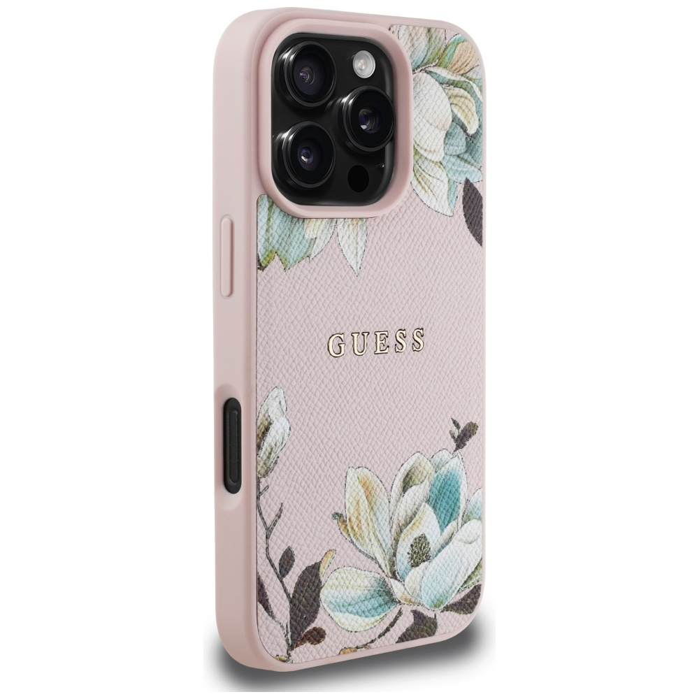 iPhone 16 Pro MagSafe Leder Hardcase Hülle Grained Printed Flower (GUHMP16LPGNMPLMP) - Rosa