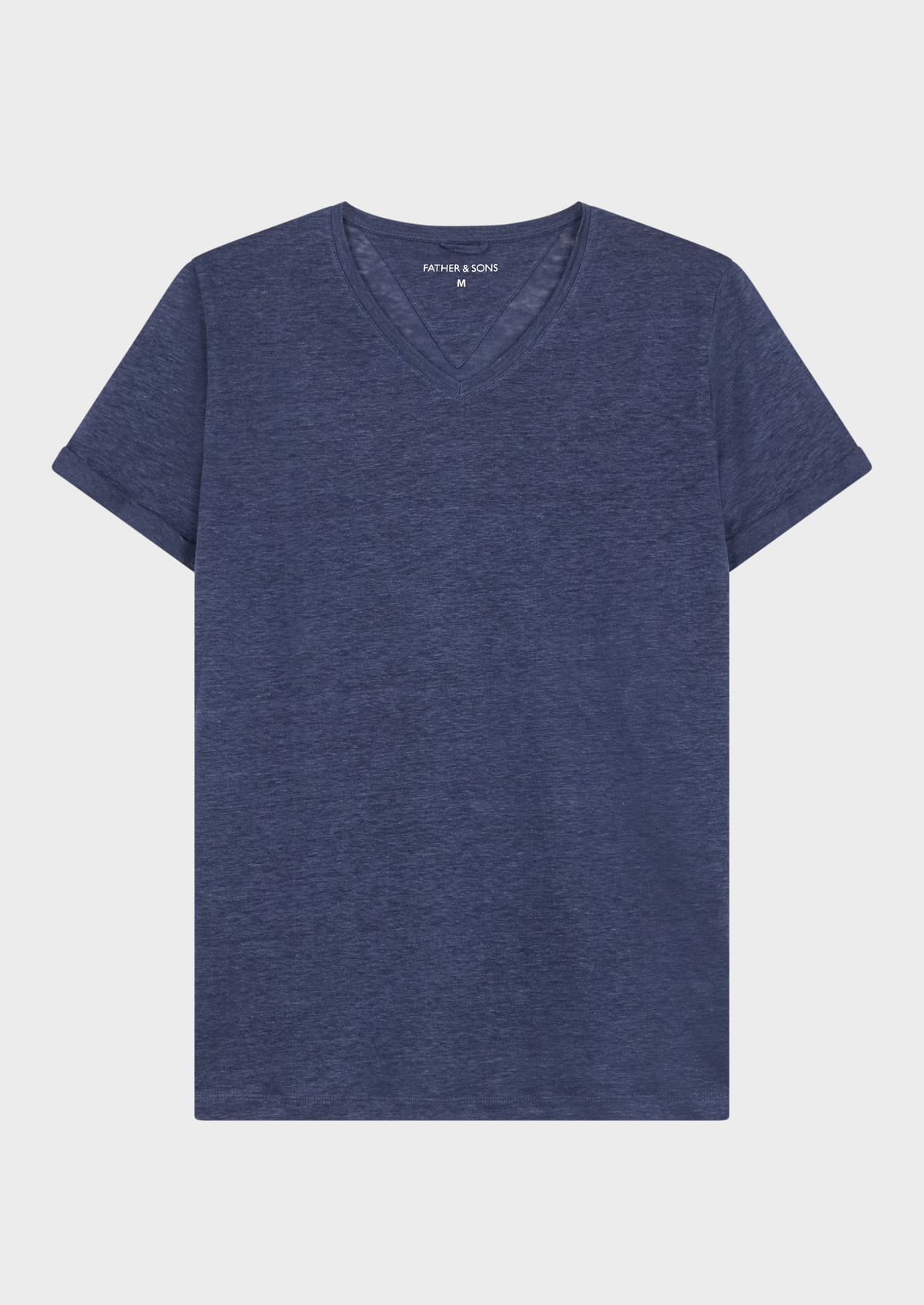 Tee-shirt manches courtes en lin col V uni bleu indigo