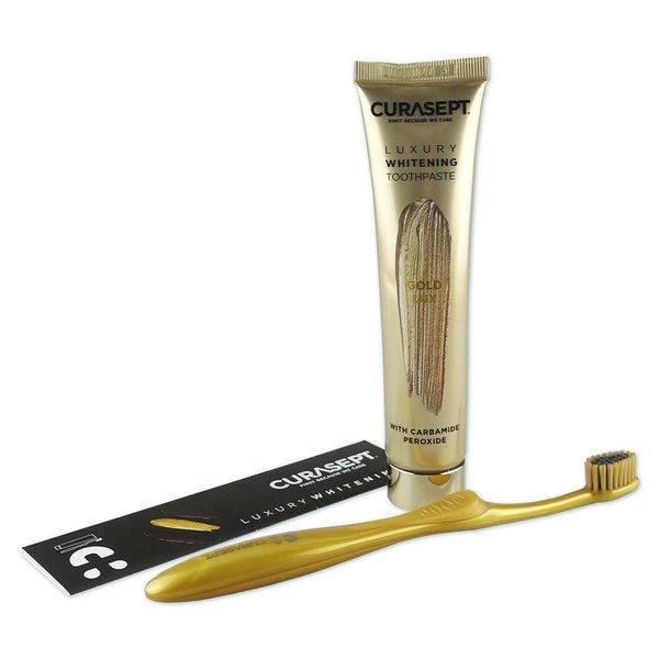 CURASEPT Gold Luxury Whitening Zahnpasta 75 ml   Zahnbürste