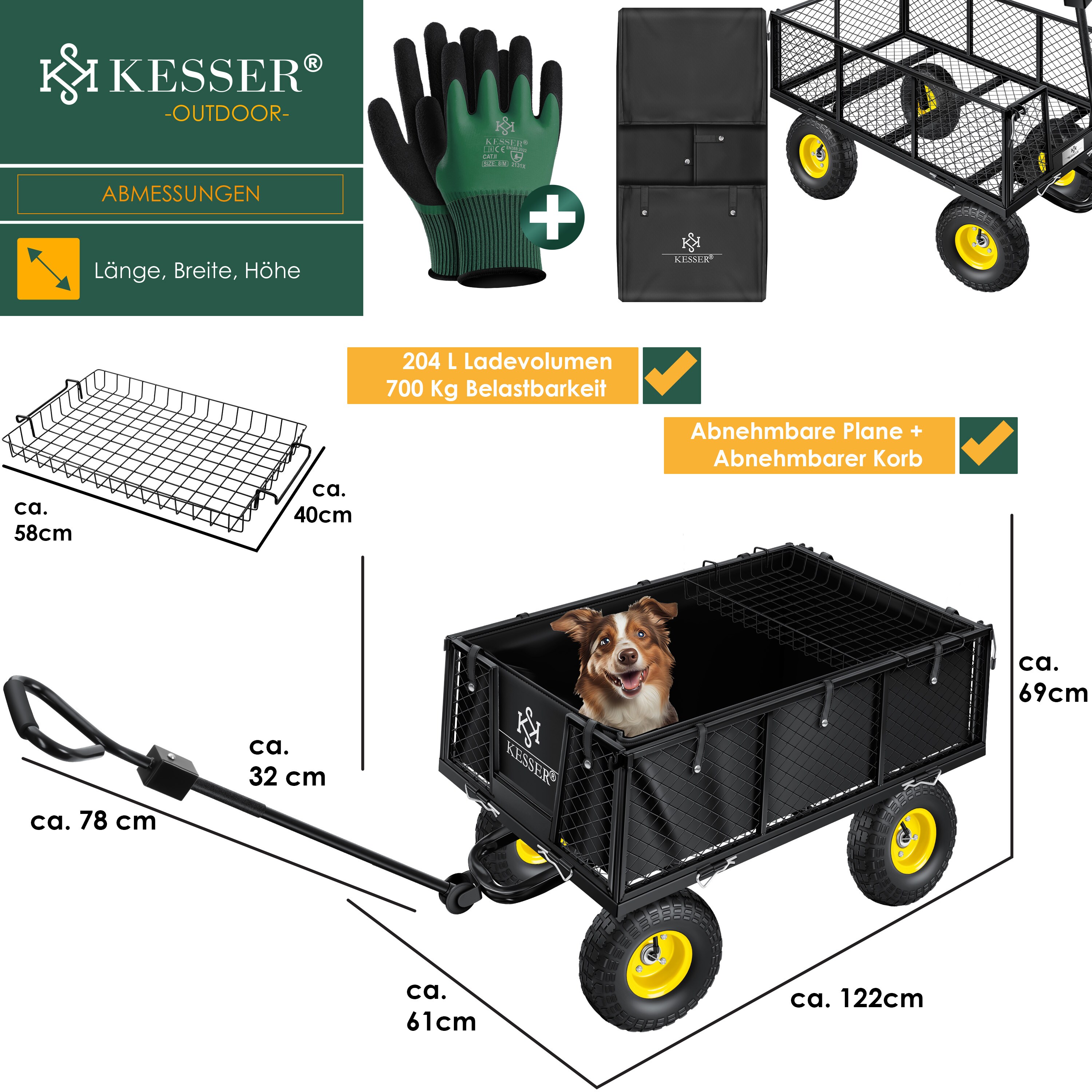 KESSER® Gartenwagen Bollerwagen Transportwagen 700kg belastbar Gartenkarre, inkl. herausnehmbare Plane, Luftreifen Gerätewagen Handwagen vielseitig einsetzbar inkl. Handschuhe + Ablage
