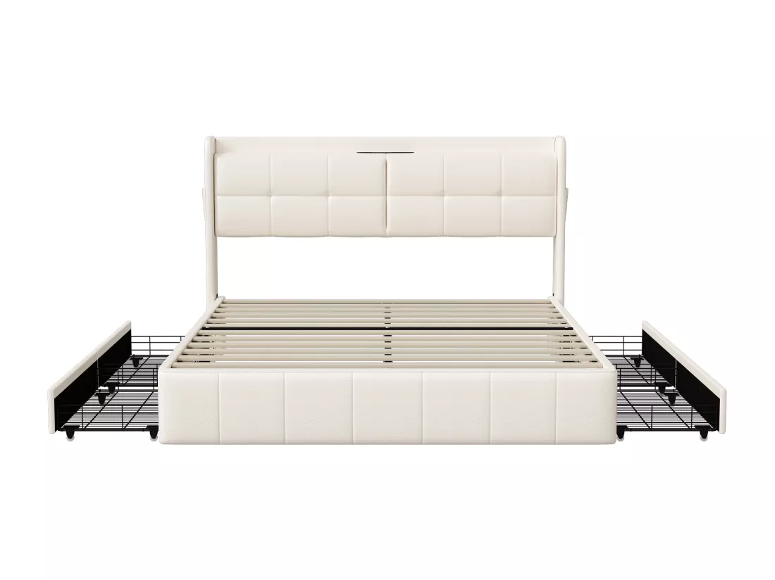 Lit double 140 x 200 avec 4 tiroir, avec chargement USB,PU,Beige