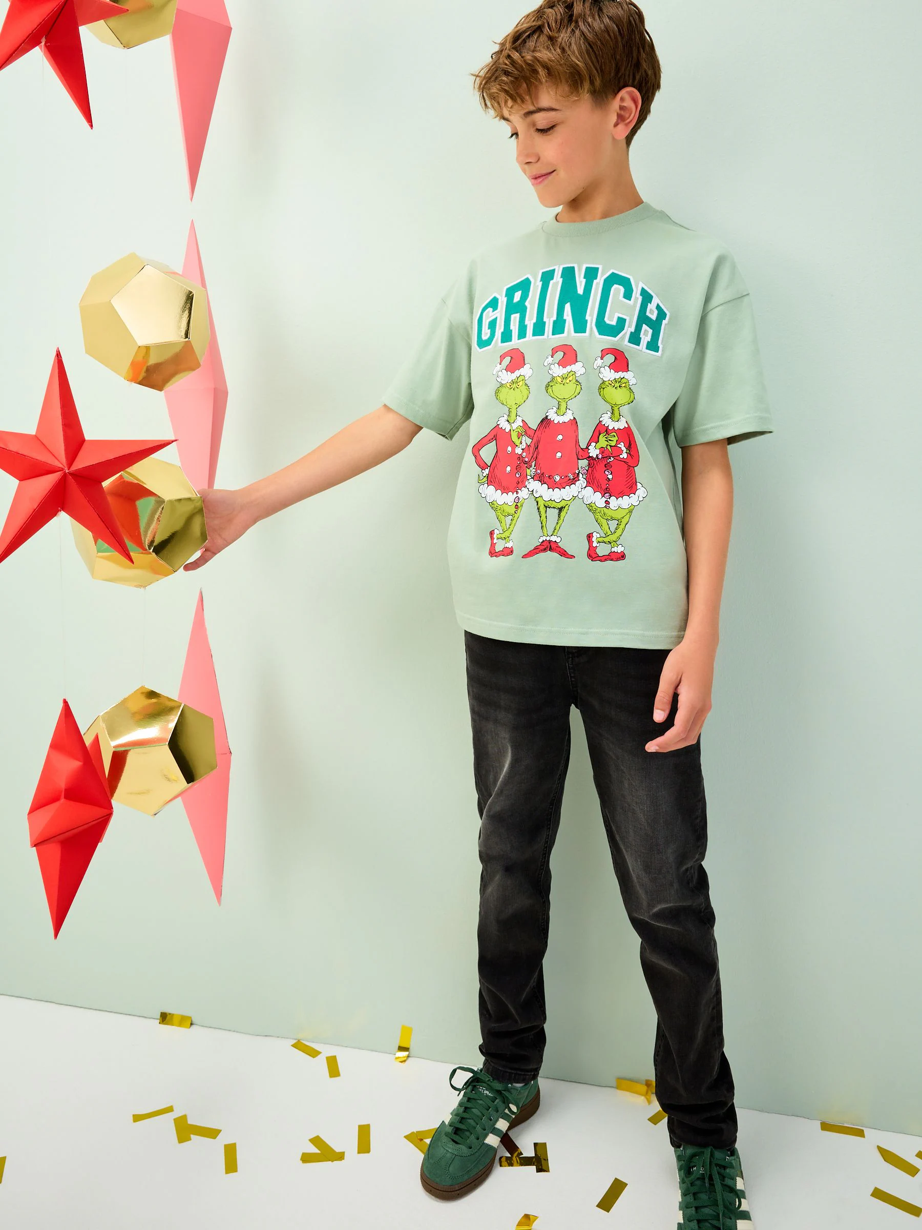 Saliegroene Grinch - Kerstshirt met korte mouwen (3-16 jr)