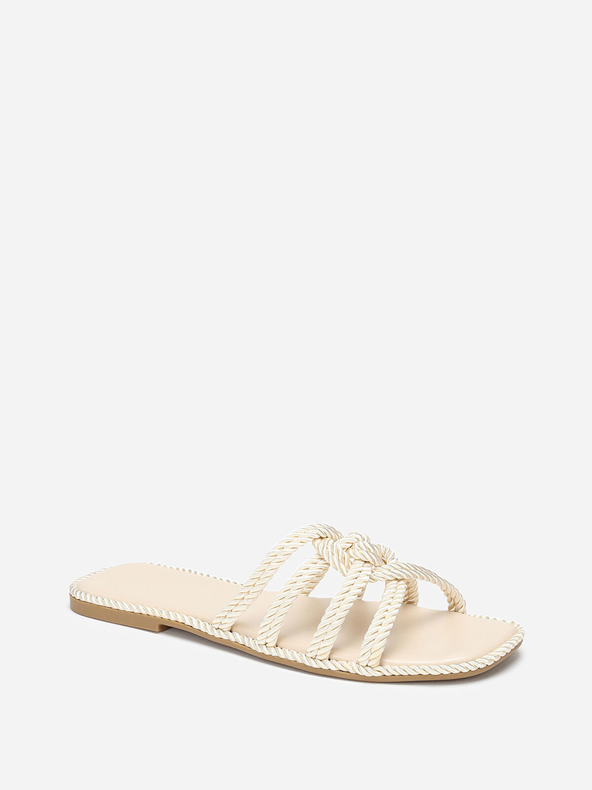 Mules plates à brides nouées en corde- Beige