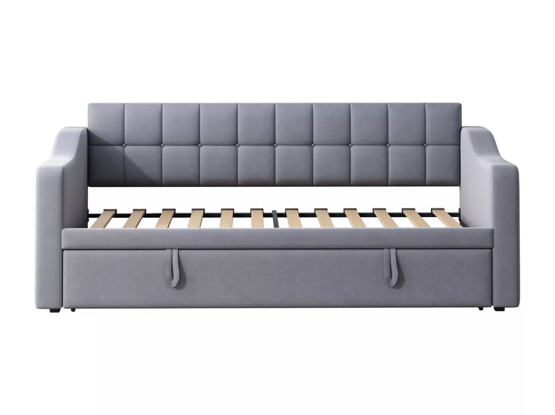 Canapé-lit capitonné 90/180x190 cm - Velours - Avec sommier - Avec housse de rangement - Gris (sans matelas)