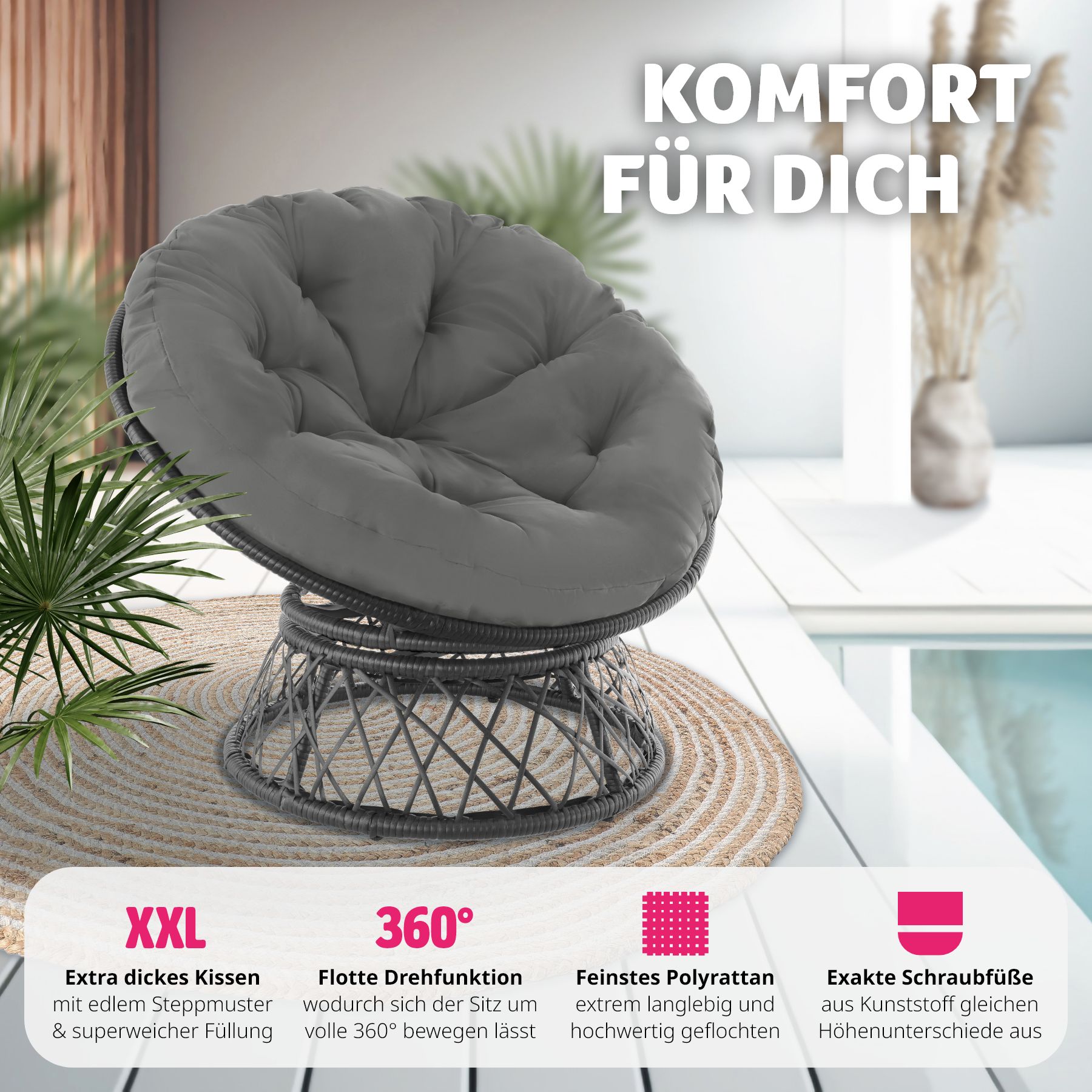tectake® Rattansessel, drehbar, UV-beständig, 92 x 80 x 80,5 cm
