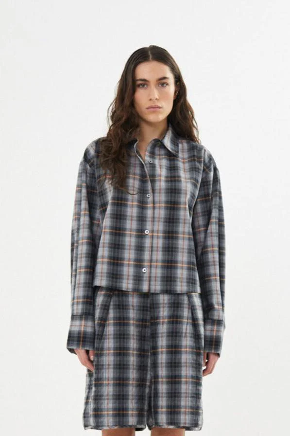Rabens Saloner  Seval Check shirting cropped skjorte - Grey check
