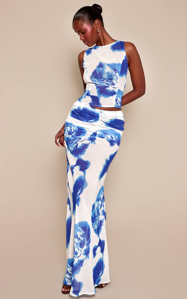 Bleu Cobalt Ensemble Jupe Longue En Mousseline Froncée À Imprimé Floral