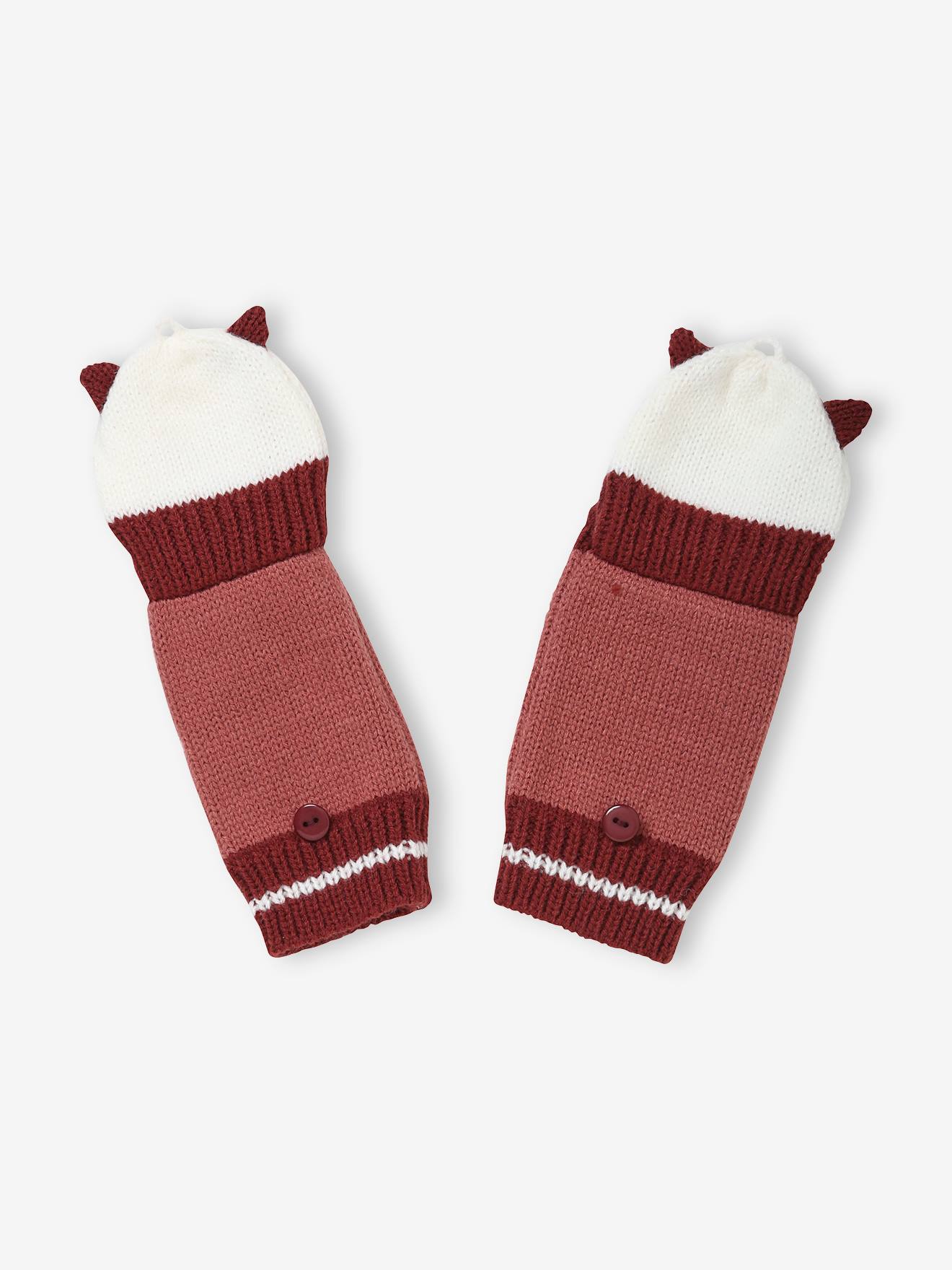 Luvas de tricô/luvas com bordado de gato, modelo infantil rosa escuro liso