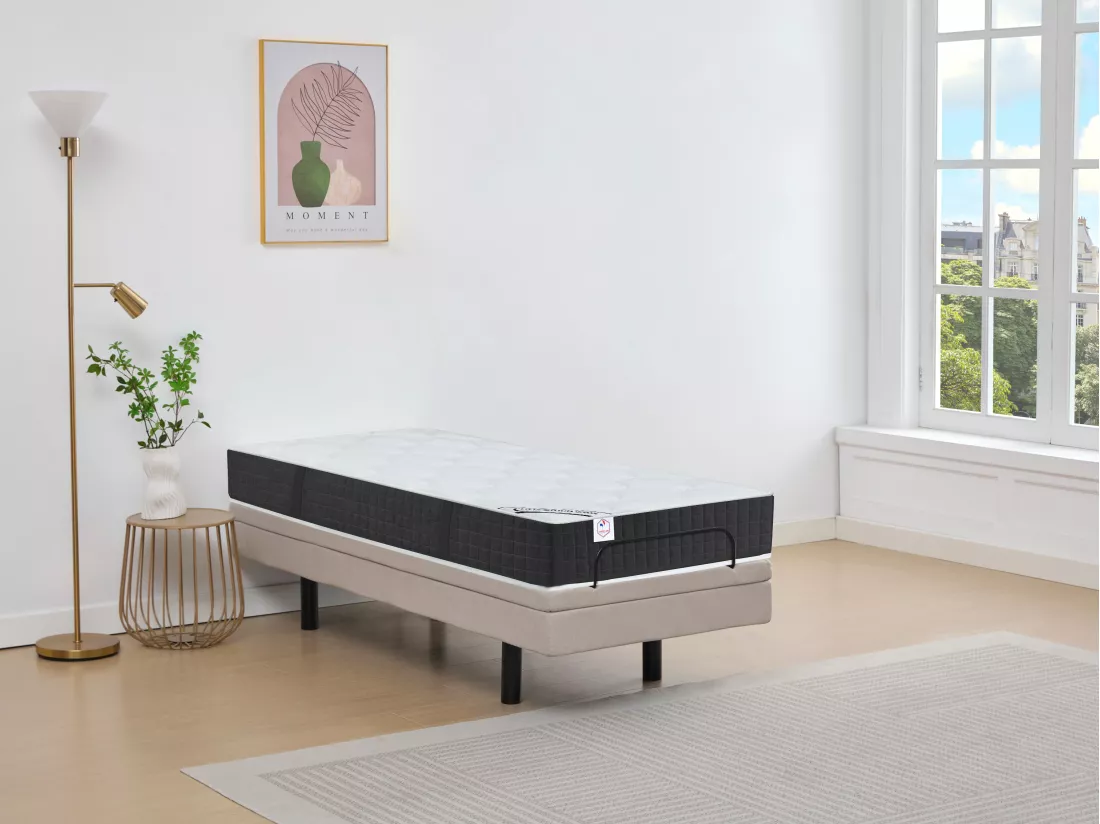 Lit électrique de relaxation déco + matelas ressorts ensachés et mémoire de forme - 80 x 200 cm - Tissu - Beige - RIZALI de YSMÉE