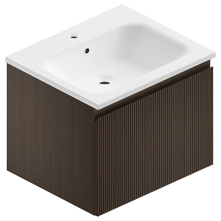 Meuble sous vasque à suspendre Pura placage noyer strié 60 cm + Plan vasque en résine blanc mat