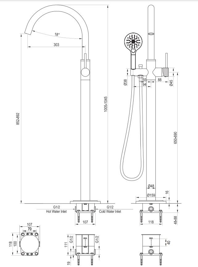 Brauer Chrome Carving vrijstaande badmengkraan met 3 standen handdouche chroom