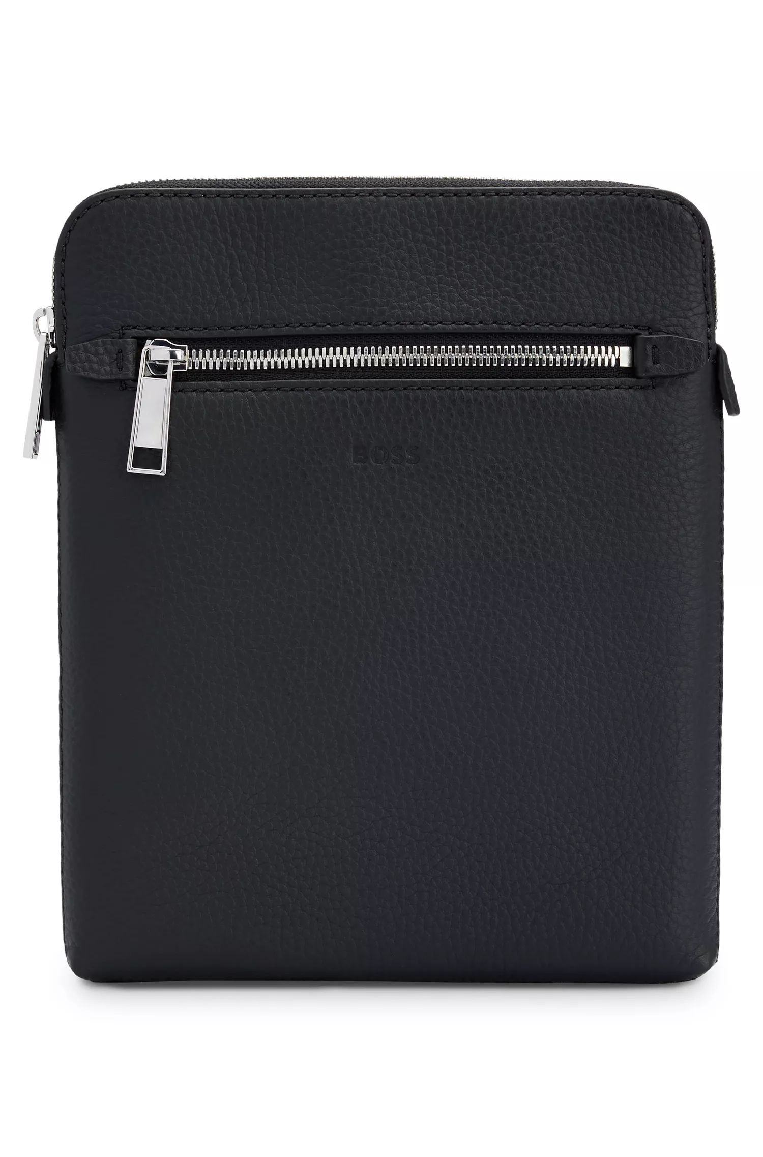 Bolsa BOSS Black-Envelope em couro italiano com logotipo em relevo.