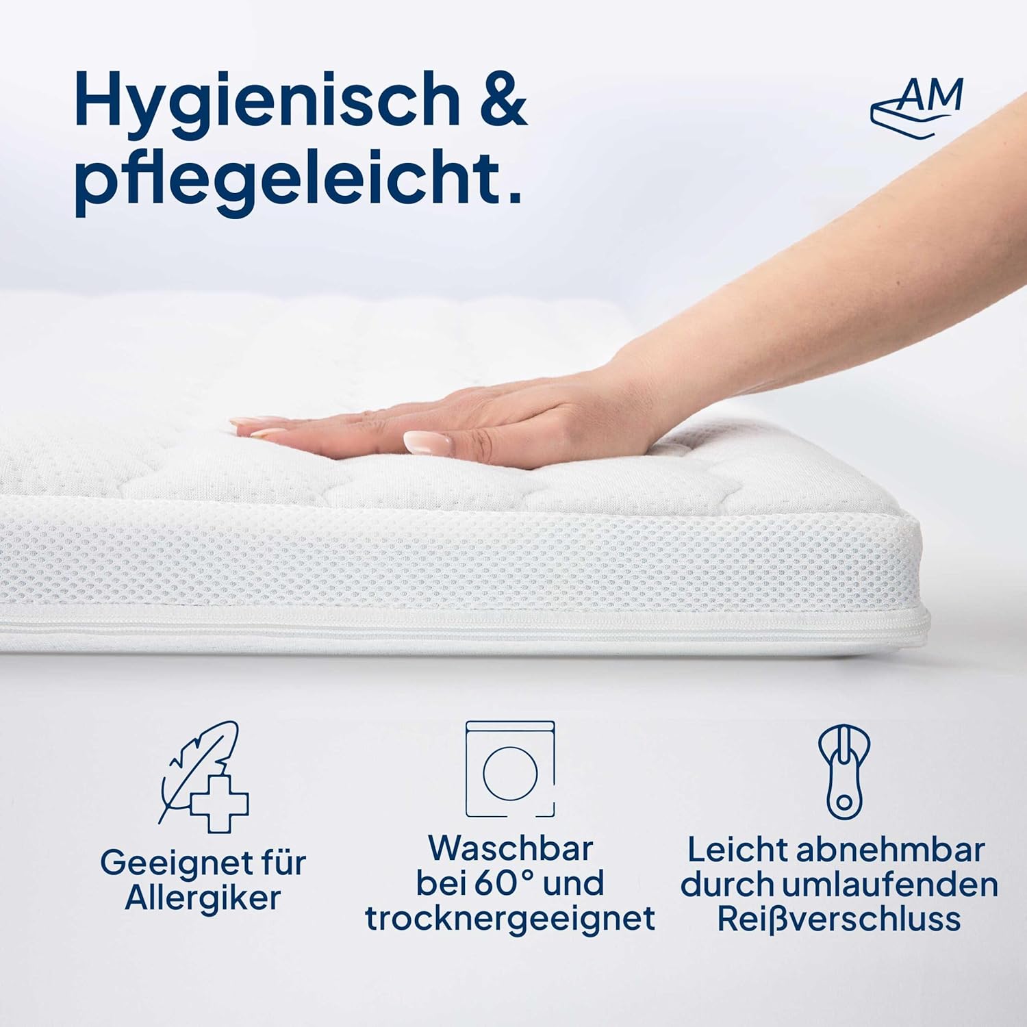 AM Qualitätsmatratzen Lyocell Topper Bezug 180x200 4-6 cm Kernhöhe - Made in Germany & Oeko-TEX Siegel - Allergiker Topperbezug 180x200cm mit Anti-Rustch Unterseite & 4-seitigem Reißverschluss