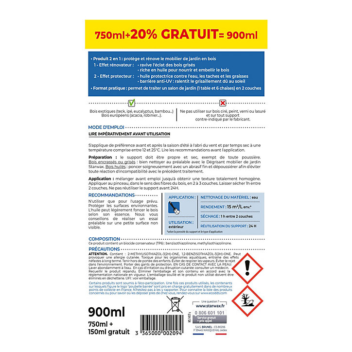Huile extérieure de rénovation teck Starwax 750ML + 20%