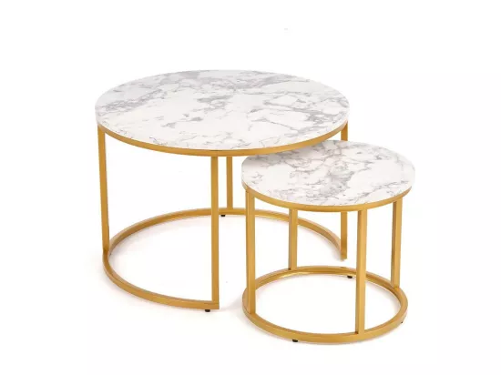 Tables gigognes rondes avec plateau style marbre et structure en métal doré Troie
