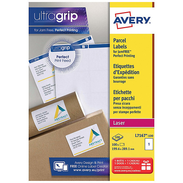 Boite de 100 étiquettes  laser opaques blanches L 7167 format 199,6 x 289,1 mm Avery