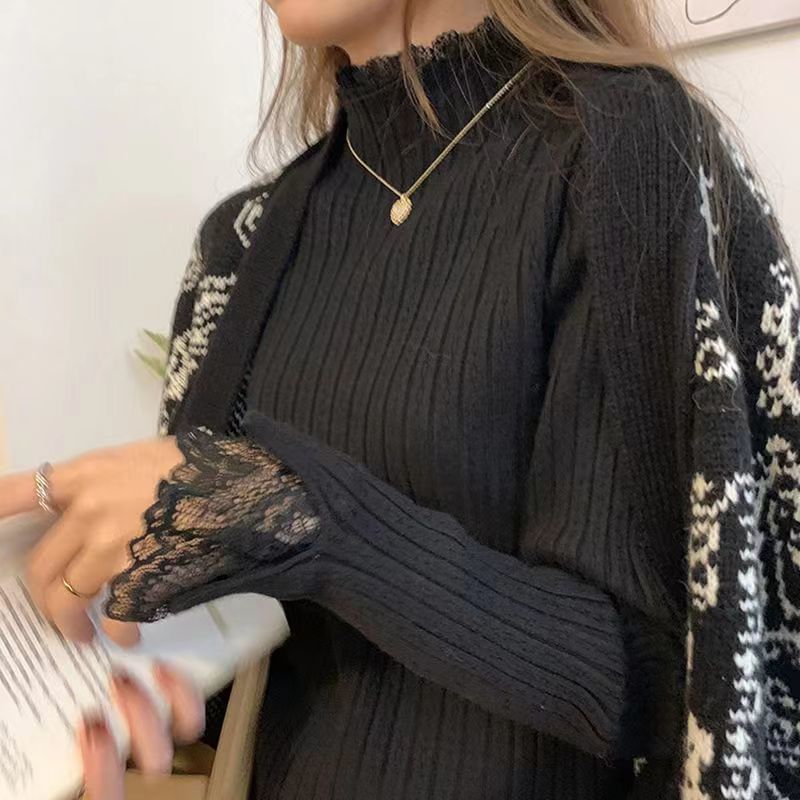 Onipixiy - Top met lange mouwen, geribbelde gebreide top met effen kant en een mockneck