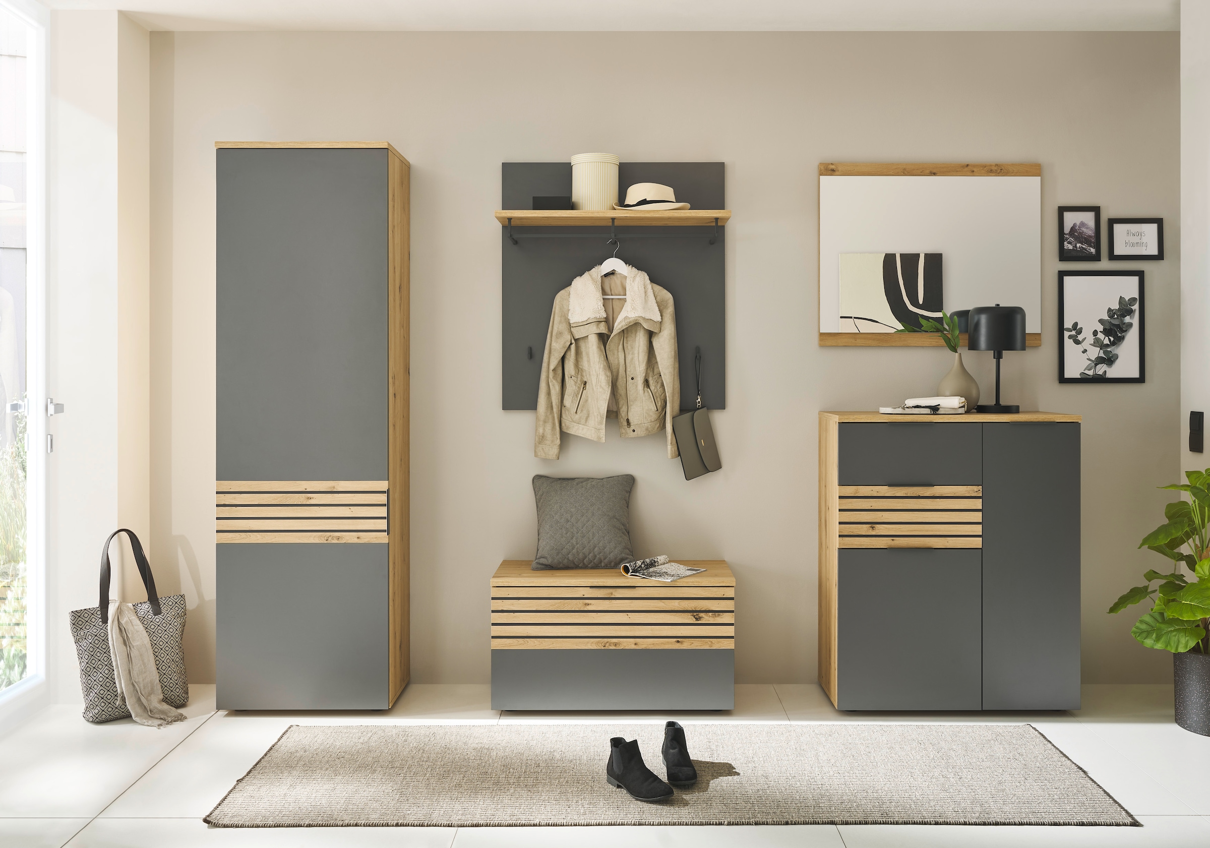 HBZ Garderoben-Set »5-tlg. Eiche Stripes Optik Flurgarderobe Stellmass BxHxT 260x197x38 cm« 5 Stk. tlg.